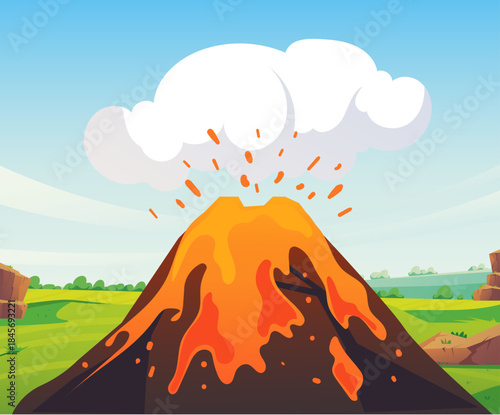 Volcano vulcano explosion lava volcanic active island concept. Vector graphic design illustration