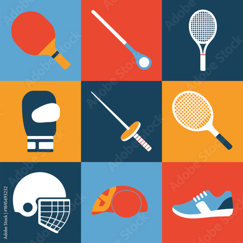 Racket sports icon set, table tennis badminton squash equipment, paddles balls helmets shoes, athletic training, flat vector illustration