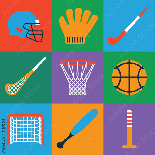 Sports training square icon set, helmet glove bat hoop net ball, athletic practice elements, modern flat vector illustration