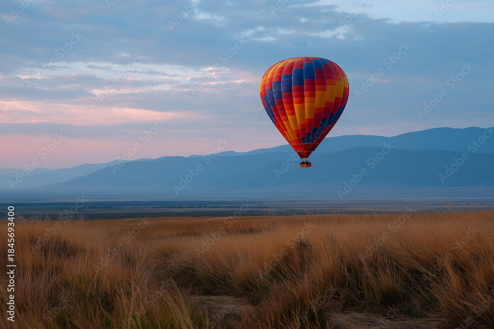 Obraz premium A striking hot air balloon with vivid colors gracefully floats above a picturesque landscape during dawn, symbolizing adventure, freedom, and the beauty of exploration in the great outdoors.