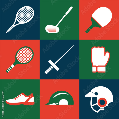 Sports gear square icon grid, boxing fencing tennis hockey equipment, gloves masks rackets shoes, colorful flat vector design