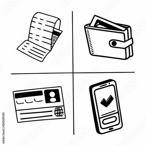 Collection of four hand drawn icons representing financial and personal identification elements including a receipt, a wallet, an id card, and a smartphone