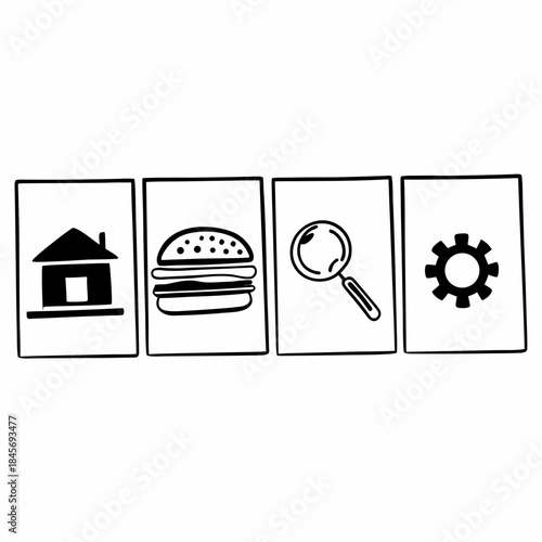 Four distinct black and white line art icons presented horizontally on white background including a house, a hamburger, a magnifying glass, and a gear symbol