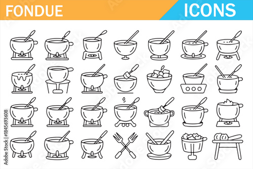 Line style fondue icon set with pots forks and cookware