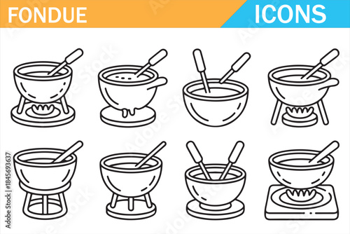 Fondue pot and utensil icons outline food illustration collection