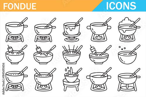 Cheese and chocolate fondue pot icons outline kitchen illustration