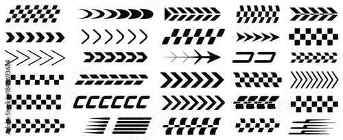 Racing cars and race car stripes showing bold motorsport graphics including checkered flags, finish line, dynamic lines, motocross labels, and high-speed racing decals for cars and bikes