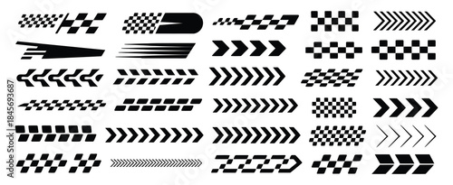 Racing cars and race car stripes showing bold motorsport graphics including checkered flags, finish line, dynamic lines, motocross labels, and high-speed racing decals for cars and bikes