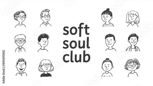 A group of simple sketch style character heads with smiling faces and various hairstyles and expressions