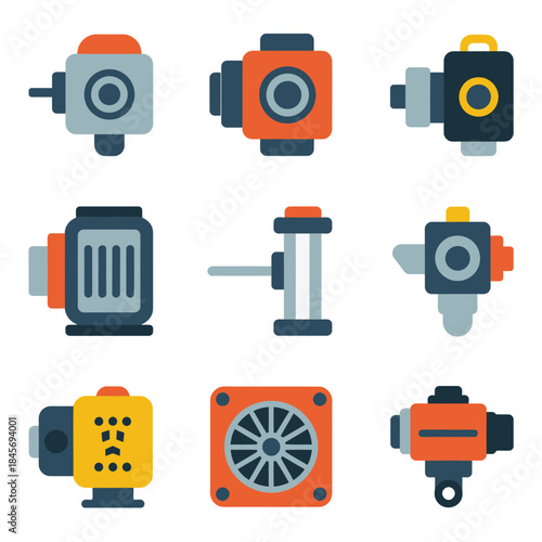 Industrial motor and actuator icon set, servo motor gearbox fan pump equipment, automation machinery, flat vector illustration