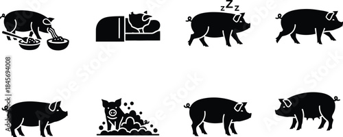 Black silhouette icons depicting various stages of pork production