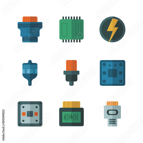 Electrical connector icon set, plugs sockets adapters terminals switches power symbols, industrial electronics components, flat vector illustration