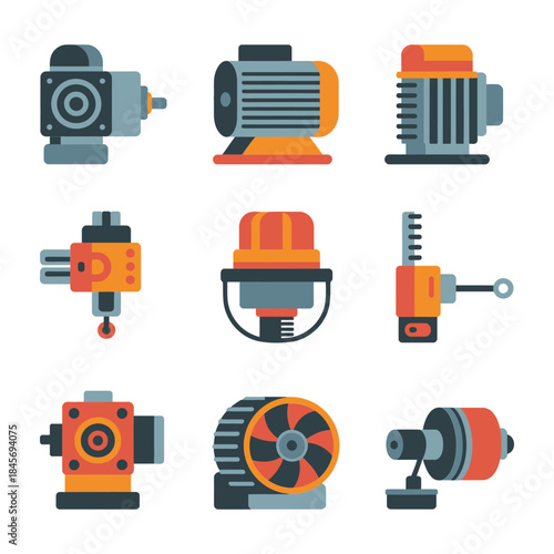 Electric motor icon set, industrial machine motors fans compressors drives, factory equipment symbols, flat vector illustration