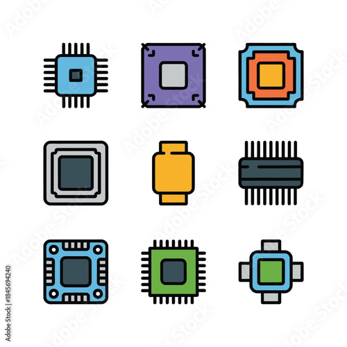 Microchip processor icon collection, cpu chipset controller integrated circuit symbols, electronic hardware, flat vector design