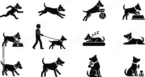 Black silhouette set of dogs in various playful poses