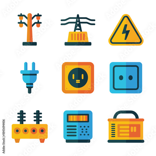 Power distribution and electrical infrastructure icon collection with transformer pole warning sign meter box, utility energy flat vector design