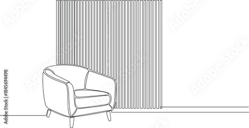 Creative One-Line Modern Room with Armchair and Wooden Slat Texture Wall.