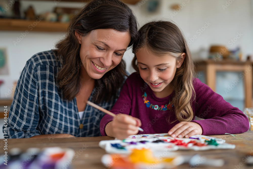 Fototapeta premium A heartwarming scene of a mother joyfully painting with her daughter in a cozy home setting, highlighting the importance of creativity, bonding, and nurturing family relationships.
