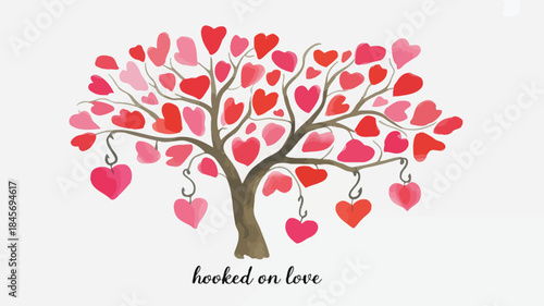 Minimalist tree with branch ends shaped like hearts in various pink and red hues on white background for valentine's day
