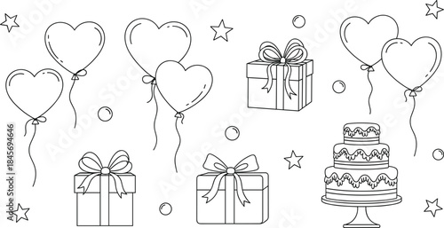 Cute Girly Coquette Birthday Icons in Hand Drawn Style.