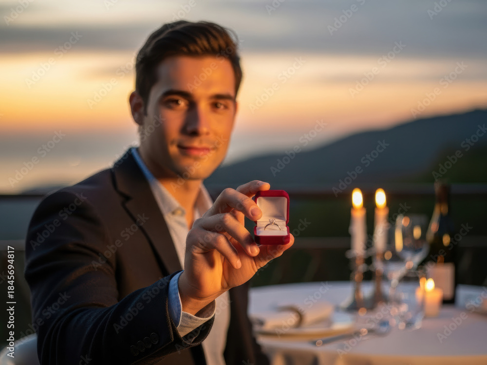 Fototapeta premium Man proposes with diamond ring at romantic sunset dinner overlooking mountains