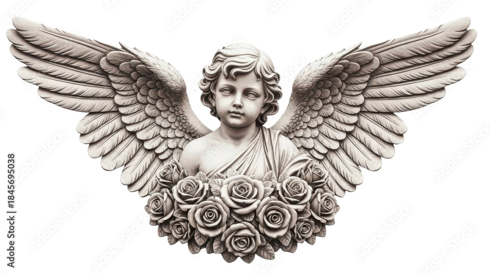 Obraz premium Angel Winged Cherub Among Roses on a Transparent PNG Image
