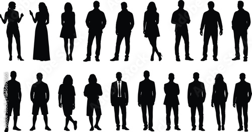 Collection of diverse men and women silhouettes standing in different poses isolated on white background for modern stock vector design