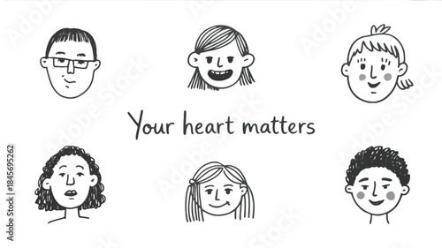 Six expressive simple line art faces with smiling and happy emotions on white background