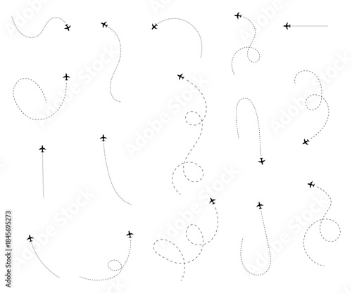Collection of various airplane flight paths with dotted lines illustrating diverse air travel routes and journey trajectories for navigation planning