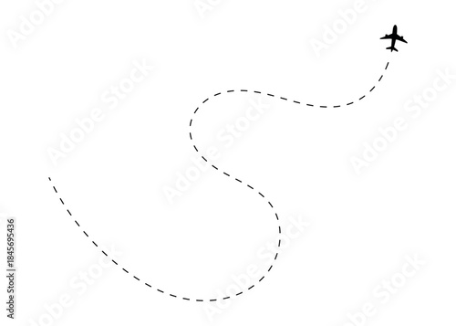 Minimalist black airplane icon flying along a dashed winding travel route symbolizing a global journey or an exciting vacation adventure isolated on transparent background