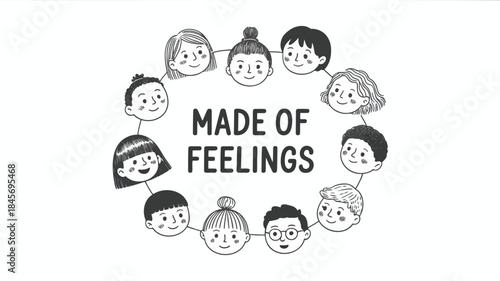 A group of diverse cartoon children with different facial expressions connected in a circle conveying emotions and feelings in a minimalist