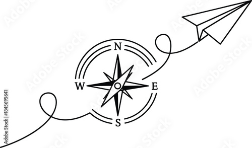 Minimal Continuous Line Drawing of Compass and Paper Plane Travel Symbol.