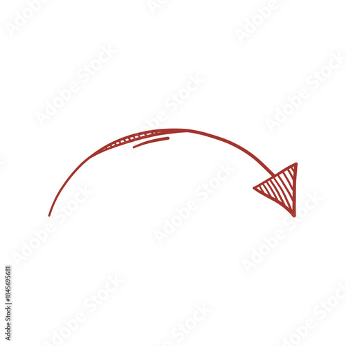 Artistic doodle of handmade arrow, pencil red ink drawing as orientation mark, simple graphic sign for path and target.