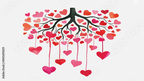 Upside down tree with colorful hanging hearts on branches in shades of pink, red and orange on white background
