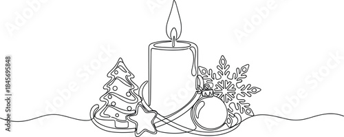 Minimalist Single-Line Holiday Card with Candle & Baubles.