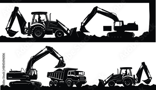 Construction machinery silhouettes with excavator backhoe loader and dump truck working on site isolated on white background vector illustration