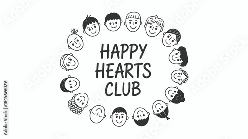 Black line minimalist cartoon faces form a circle around happy hearts club text on white background