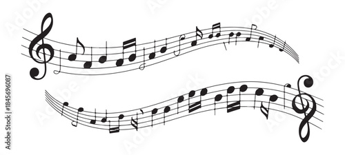 Wavy musical staves with various notes and clef vector illustration on white background