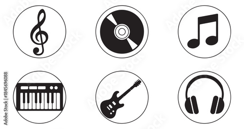 Set of black and white circular icons depicting various sound instruments and symbols