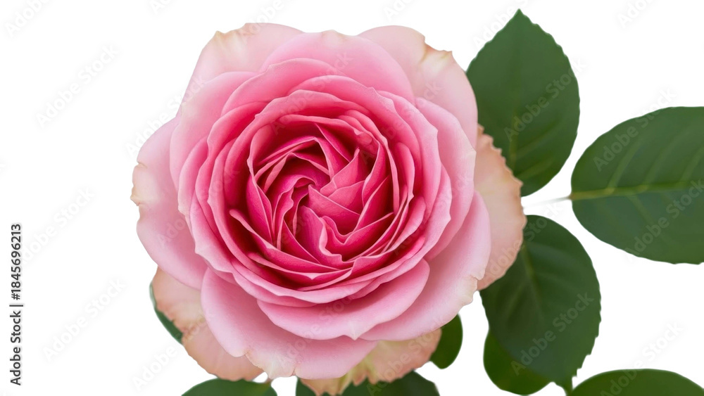 Fototapeta premium Pink Rose Blossom with Leaves on a Transparent Background PNG Image