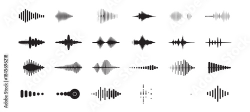 Collection of 30 varied soundwave icons in black and white for audio technology designs