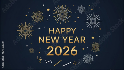 Elegant Happy New Year 2026 greeting card with golden fireworks for the New Year.