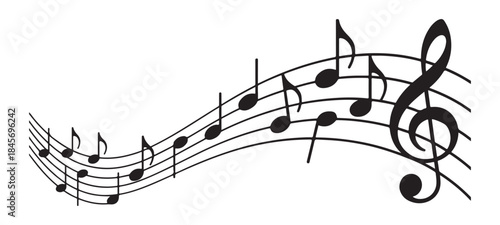 Curved staff with various eighth notes and a treble clef symbolizing sound art