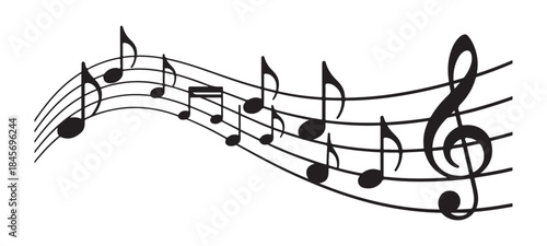 Wavy staff with assorted eighth notes and treble clef for sheet composition background