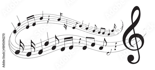 musical notes and symbols with a treble clef flowing across two staffs creative composition