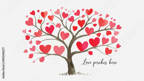 A leafless tree with many red hearts on branches and love perches here message on white background
