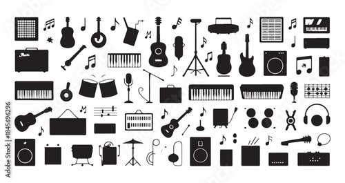 collection of silhouette icons representing various instruments and sound equipment