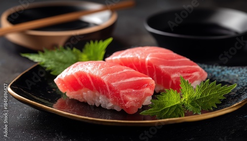 Elevated Japanese Omakase Experience: Succulent Otoro Sushi On Elegant Black Plate For A Luxurious Traditional Dining Journey.