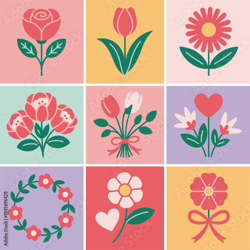 Floral valentine illustration set with roses tulips wreath hearts romantic garden icons colorful flat vector design collection