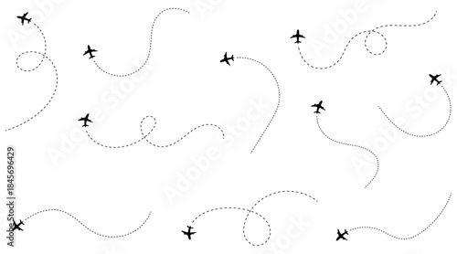 Multiple black airplane silhouettes flying along diverse dotted flight paths representing global travel routes and exciting journey adventures